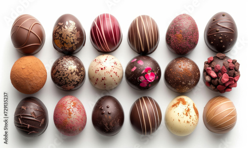 French Easter chocolate eggs, top view on a white background. Easter celebration concept and festive products