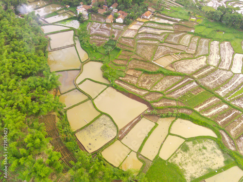 Agricultural Patchwork Landscape. Aerial Photography. Aerial panorama over green rice field. Shot from a drone flying 200 meters high. Cikancung, Indonesia