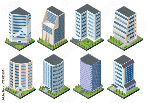 Collection isometric offices or business center icons. Town apartment building city map creation. Architectural vector 3d illustrations. Infographic elements. City house compositions