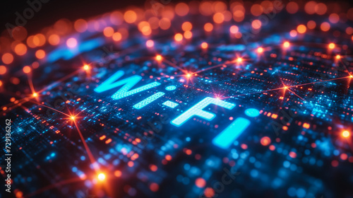 Vivid neon blue Wi-Fi signal glowing on a futuristic circuit board, symbolizing high-speed wireless internet connectivity in a digital network