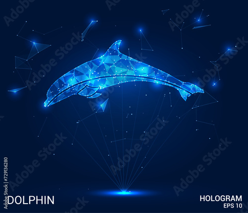A hologram of a dolphin. A dolphin made of polygons, triangles of dots and lines. Dolphin is a low-poly compound structure. Technology concept vector.