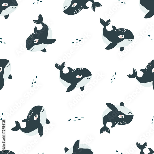 Seamless vector pattern. Cute orca on white background. Pattern for printing on children's products. Vector illustration
