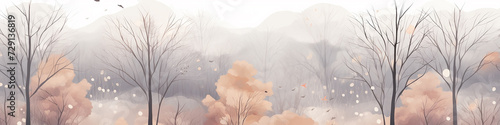 soft color panorama autumn forest landscape, narrow drawing for website design in pastel tinted light