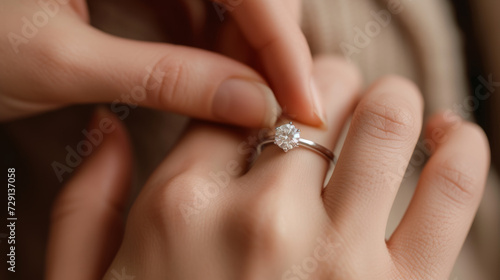 close-up of a hand gently placing an engagement ring with a large diamond on the ring finger of another hand