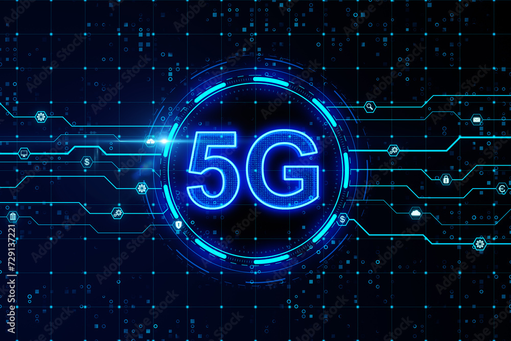 Digital 5G symbol glowing on a circuit board. Technological connectivity concept. 3D Rendering Digital 5G symbol glowing on a circuit board. Technological connectivity concept. 3D Rendering