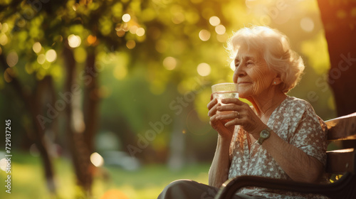 Old elderly woman enjoying a glass of water to hydrate herself with fresh air of a park on summer heatwave