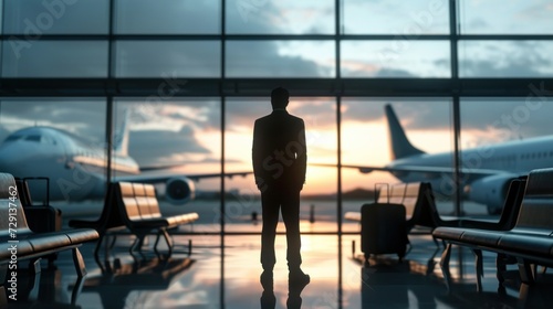 Silhouette of man viewing airplane out airport window