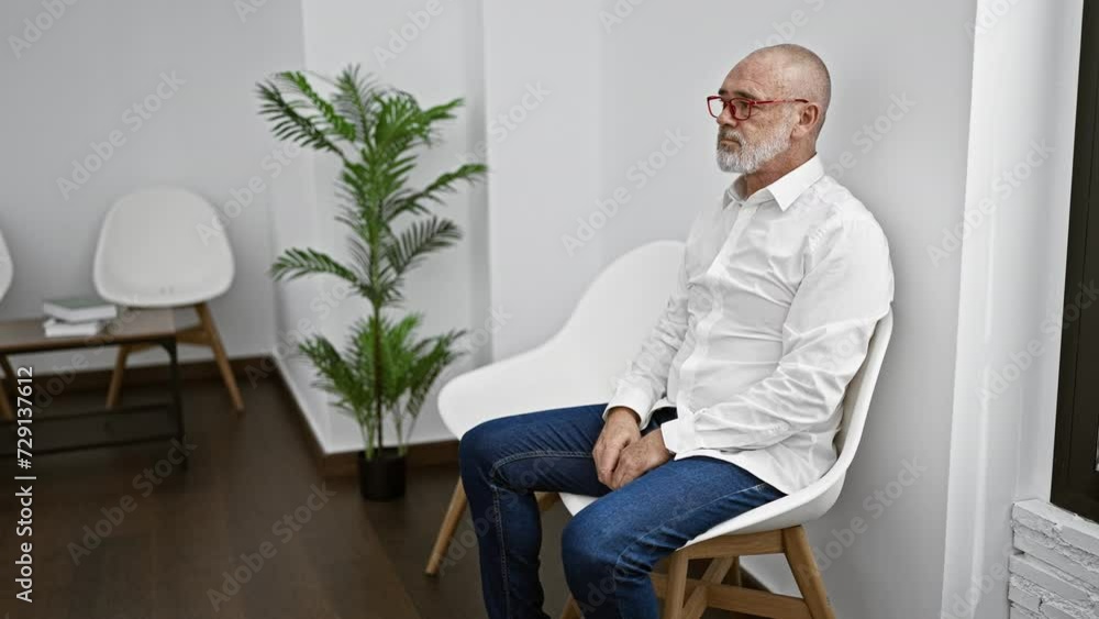 Mature man with beard and glasses sitting in a minimalist white room with chairs and plant Mature man with beard and glasses sitting in a minimalist white room with chairs and plant