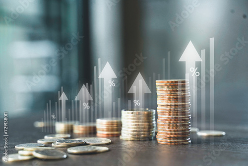 Stack of coins with up arrow and percentage symbol for finance bank increasing interest rate