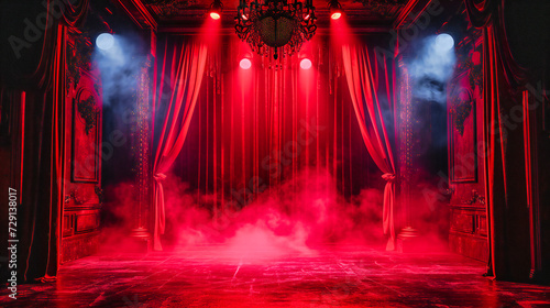 Theater stage with red velvet curtains and spotlight, symbolizing drama, performance, and entertainment in a classical or theatrical setting