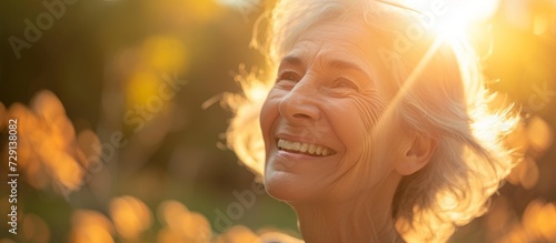Elderly woman with grey hair, radiating joy and beauty