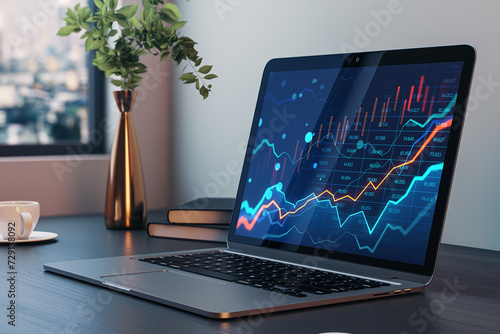 Fototapeta Naklejka Na Ścianę i Meble -  Close up of laptop with blue crisis business and forex chart at workplace with vase, coffee cup and window with city view. Downward trend and financial downfall concept. 3D Rendering.