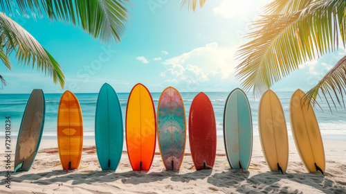 lineup of colorful surfboards standing upright on a sandy beach with palm trees in the background photo