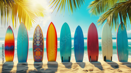 lineup of colorful surfboards standing upright on a sandy beach with palm trees in the background