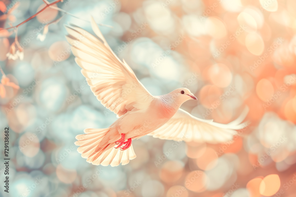 Fototapeta premium White dove in flight with abstract background