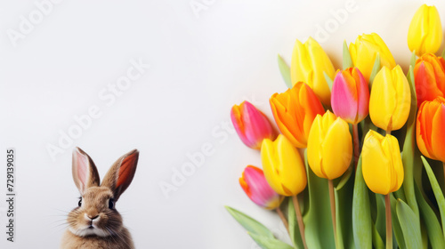 Rufus Bunny rabbit with colorful tulips for Easter and spring  light background  copy space