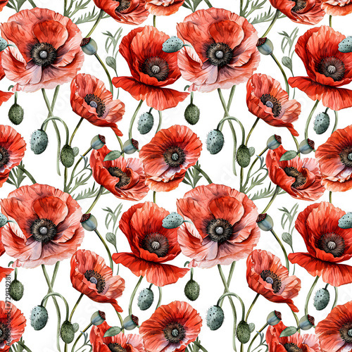 Seamless patterns watercolor painting of vintage poppy flower. Designed for fabric and wallpaper. High-resolution.no.07 © ZWDQ