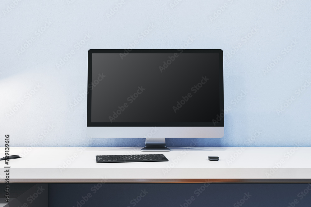 Close up of modern designer office interior with empty computer monitor and other items. Mock up, 3D Rendering. Close up of modern designer office interior with empty computer monitor and other items. Mock up, 3D Rendering.