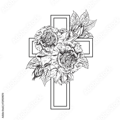 Modern condolences card with sketch of roses flowers. Memories and funeral template design. Hand drawn floral arrangement. For flyers, invitations.