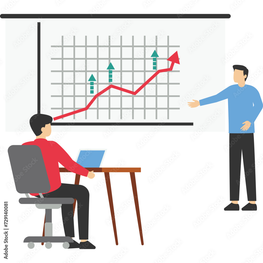 Office staff training. Increase sales and skills. Team thinking and brainstorming. Analyze sales charts and present them. Company information vector analysis, flat vector illustration. Office staff training. Increase sales and skills. Team thinking and brainstorming. Analyze sales charts and present them. Company information vector analysis, flat vector illustration.