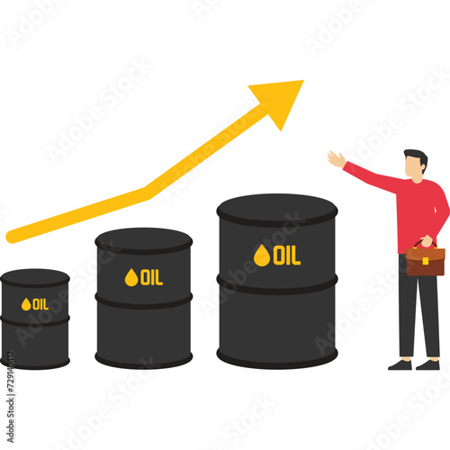 Oil price rising, high demand or energy or gasoline industry concept, crude oil commodity price growth after crisis, businessman trader standing on piles of gallons of oil drawing a rising graph.