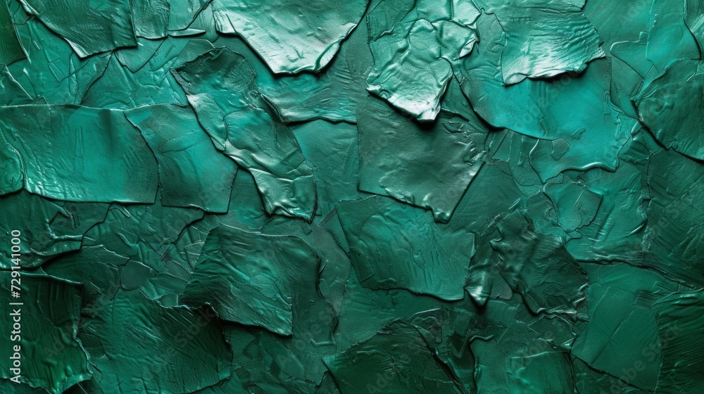 Abstract texture of cracked and peeling green paint on the surface, highlighting the effects of time and weather.