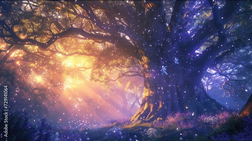 A magical forest at twilight  ethereal light filtering through trees  fairies dancing around an ancient oak. Resplendent.