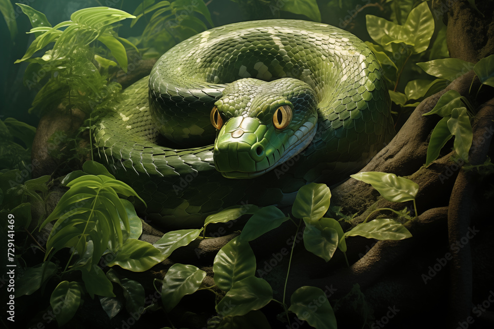 A green snake coiled around a tree trunk, with leaves and vines intertwining with its body, Forest setting with sunlight filtering through the leaves - obrazy, fototapety, plakaty 