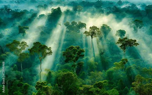 Foggy forest landscape showcasing the ethereal beauty of tropical rainforests, with an emphasis on the lush greenery and misty atmosphere