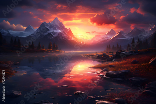  Sunset's Reflection on a Serene Lake, Mountains Stand Tall