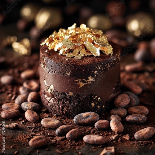 A chocolate cake adorned with edible gold leaf