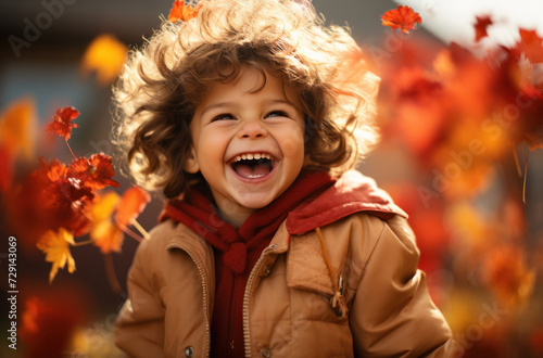 A laughing child enjoys the autumn park  generative AI