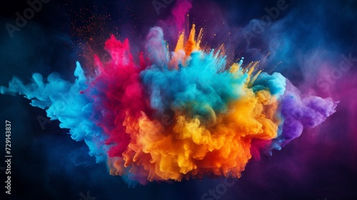 Colored powder explosion. Abstract closeup dust on backdrop. Colorful explode. Paint holi 