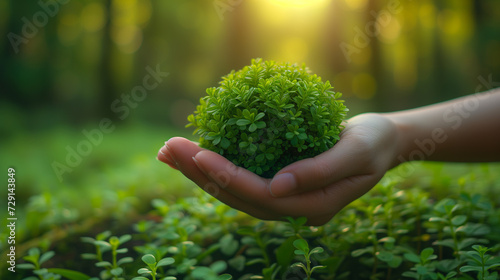 Human hands cradling a ball of moss and young plants, illuminated by soft sunlight in a lush forest, symbolizing environmental care and Green Energy