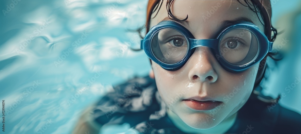 Naklejka premium Close up of boy child swimmer in swimming pool with copy space for text placement