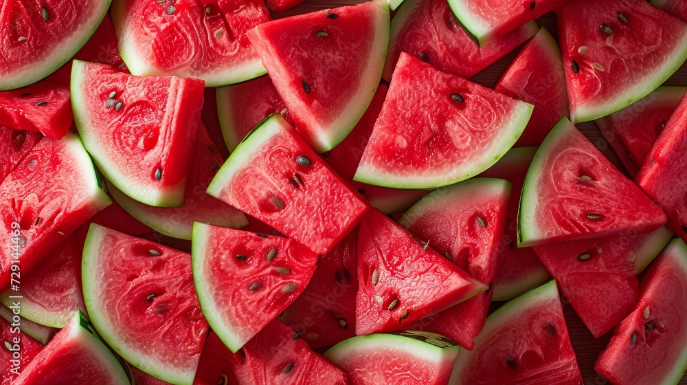 Top view of juicy and fresh sliced watermelon wedges in close up macro photography Top view of juicy and fresh sliced watermelon wedges in close up macro photography