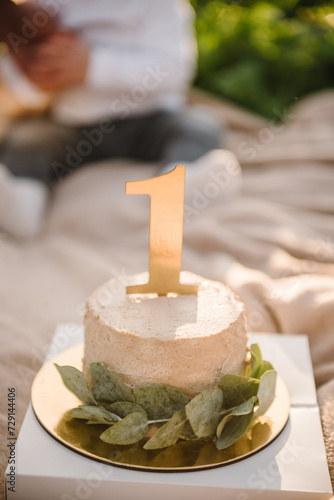 Birthday cake for 1 year. The cake is decorated with eucalyptus and decor for the girl or boy. Delicious reception at a birthday party. Trendy cake in nature closeup. photo