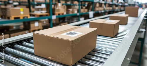 Conveyor belt with cardboard packages in warehouse for distribution and logistics.