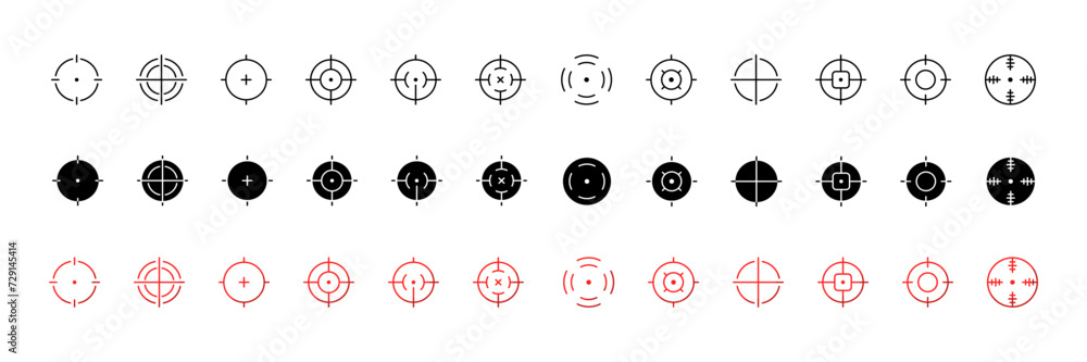 Sight icon collection. Weapon sight collection. Linear, silhouette and flat style. Vector icons Sight icon collection. Weapon sight collection. Linear, silhouette and flat style. Vector icons