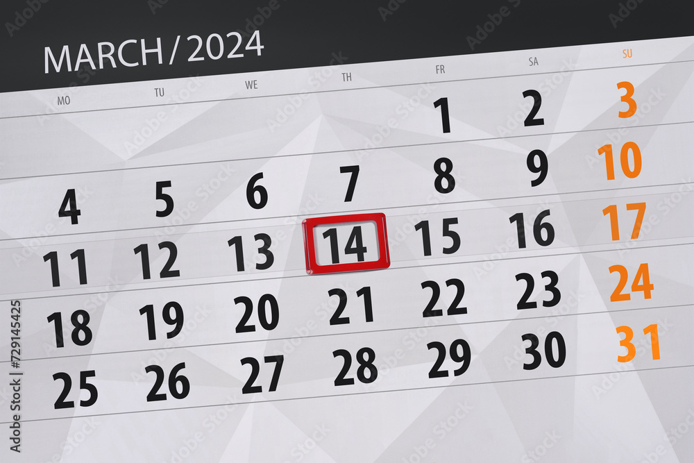 Fototapeta premium Calendar 2024, deadline, day, month, page, organizer, date, March, thursday, number 14