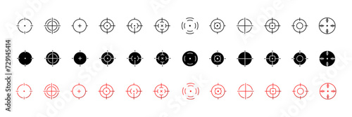 Sight icon collection. Weapon sight collection. Linear, silhouette and flat style. Vector icons