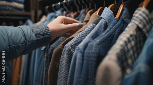 person's hand is selecting a pair of jeans from a rack of various denim clothes in a retail clothing store.