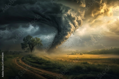Nature's fury strikes a picturesque field as a tornado rips through the sky, engulfing a lone tree amidst the storm of lightning, thunder, and menacing clouds