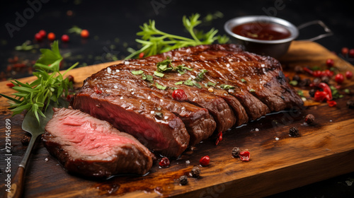 beautiful steak of cooked meat in a cut on a wooden surface close-up photo