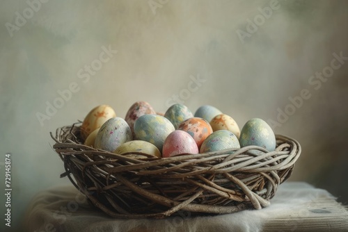 A rustic nest of speckled Easter eggs on a soft, draped cloth, with a dreamy, muted backdrop. Generative AI