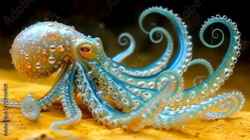 A close-up of an octopus in a dynamic underwater scene, its tentacles adorned with bubbles against a luminous golden backdrop