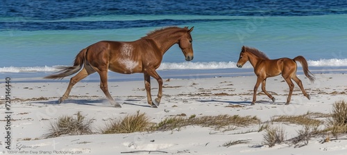 Mare and foal galloping freely on sandy beach at sunrise with blue ocean in the background