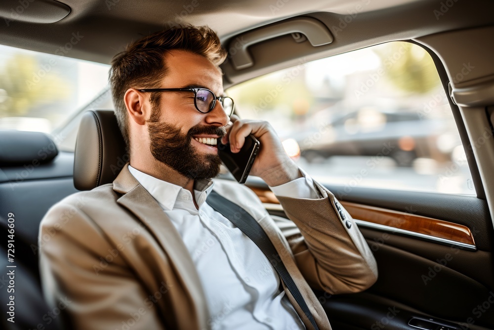 A bearded man in glasses sits in his car, talking on the phone with a look of determination on his face as he drives through the city streets A bearded man in glasses sits in his car, talking on the phone with a look of determination on his face as he drives through the city streets