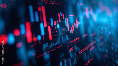 a blurred close-up view of a financial stock market graph on a digital screen with various data points and trend lines