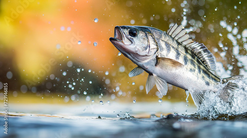 Dynamic Freshwater Fishing: Striped Bass Leaping with Water Droplets in Air, Vibrant Sunset Colors in Blurred Background